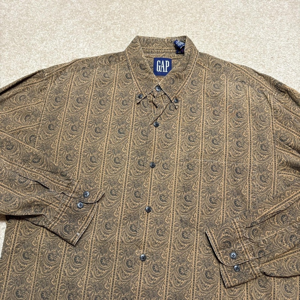 Vtg Gap Shirt Mens Medium Brown Paisley Cotton Button Up Long Sleeve Casual 90s